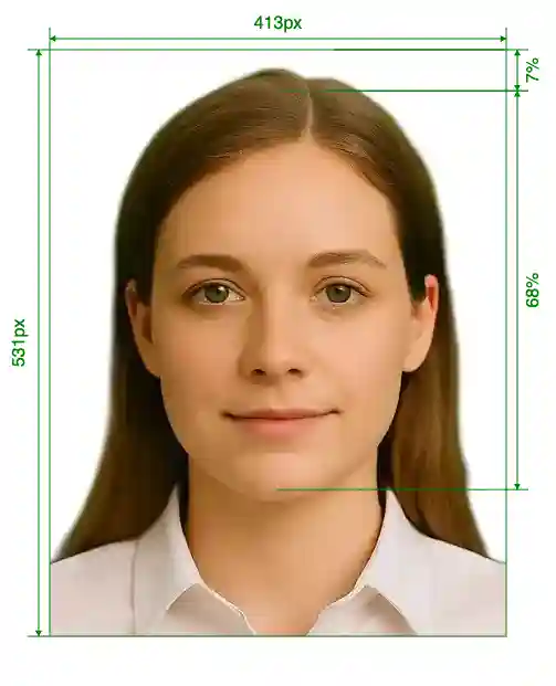Brazil visa online 413x531 px via VFSGlobal Size Guide with dimensions in inches and mm