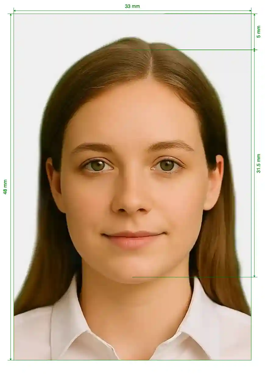 China Green Card 33x48 mm Size Guide with dimensions in inches and mm