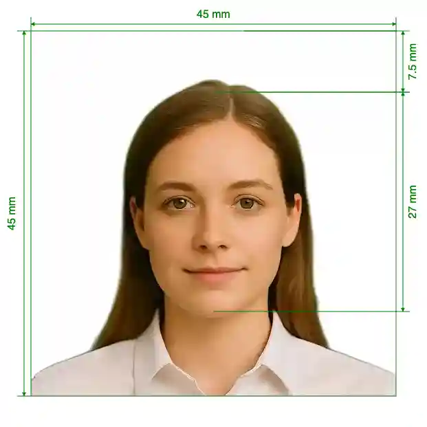 Cuba visa 45x45 mm Size Guide with dimensions in inches and mm