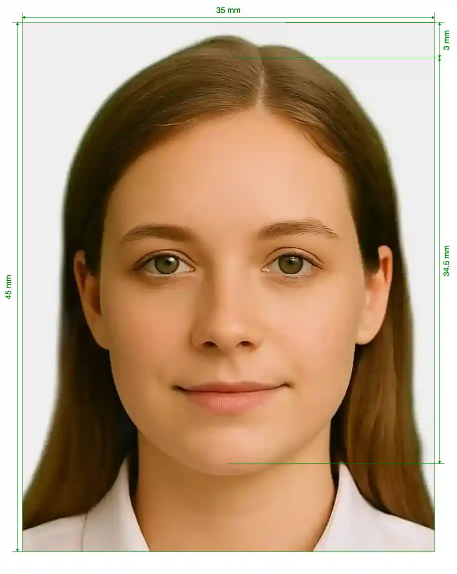 Germany Passport 35x45 mm (3.5x4.5 cm) Size Guide with dimensions in inches and mm
