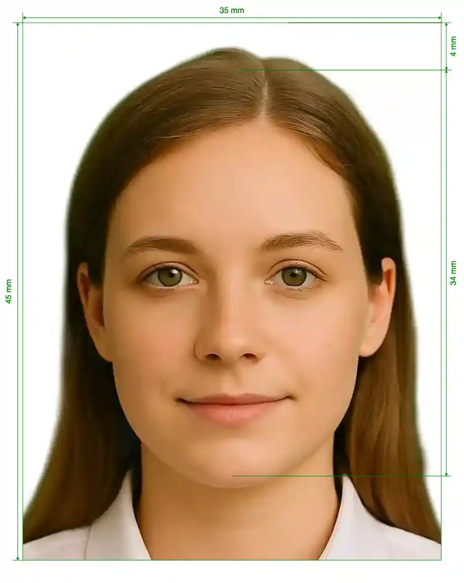 EU Schengen Visa Photo Size Guide with dimensions in inches and mm