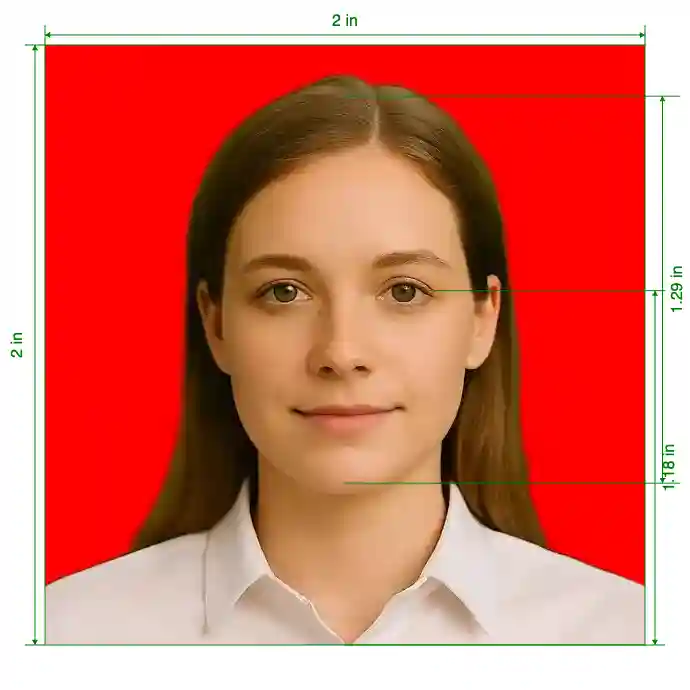 Indonesia passport 51x51 mm (2x2 inch) red background Size Guide with dimensions in inches and mm