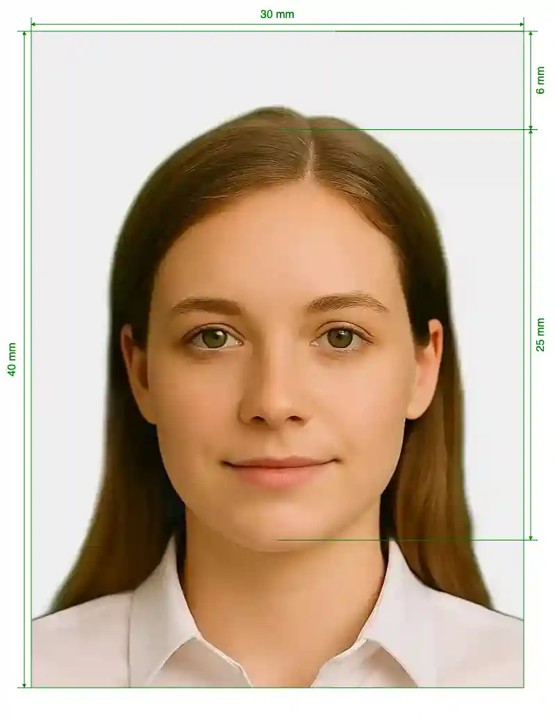 Japan Residence Card or Certificate of Eligibility 30x40 mm Size Guide with dimensions in inches and mm