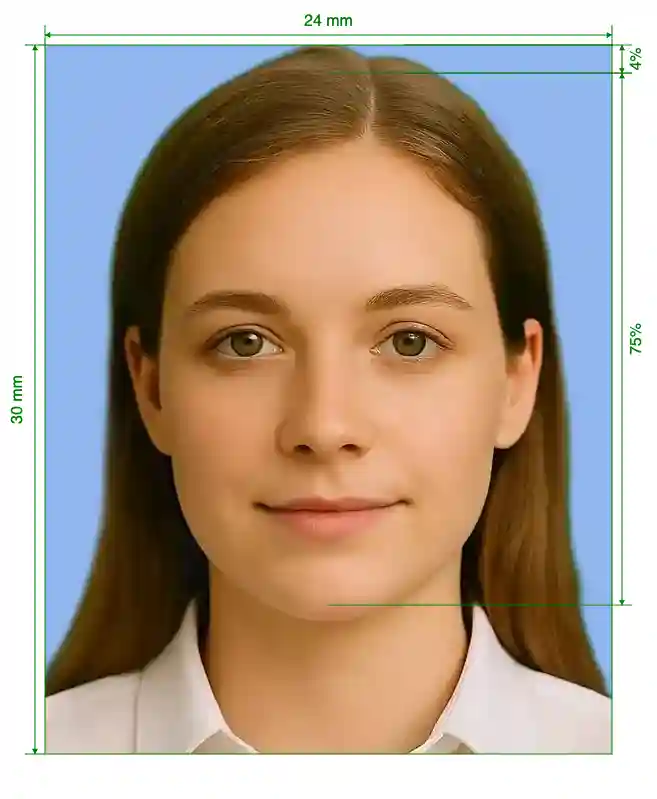 Japan Driver's license 2.4x3 cm light blue background Size Guide with dimensions in inches and mm