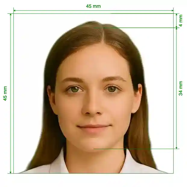 Japan Visa 45x45mm, head 34 mm Size Guide with dimensions in inches and mm