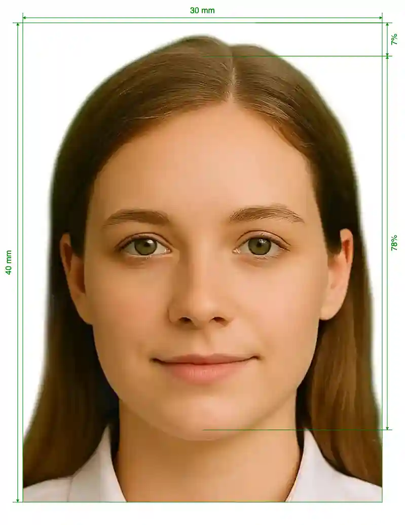 South Korea Alien Registration 3x4 cm (30x40 mm) Size Guide with dimensions in inches and mm