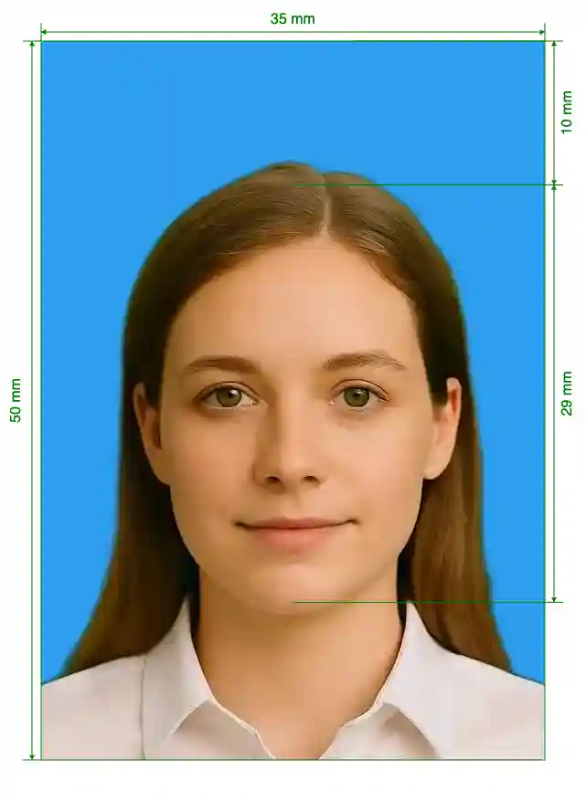 Malaysia Passport 35x50 mm blue background Size Guide with dimensions in inches and mm