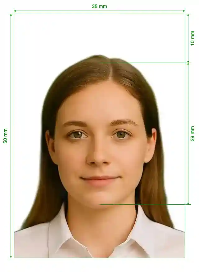 Malaysia Passport 35x50 mm white background Size Guide with dimensions in inches and mm