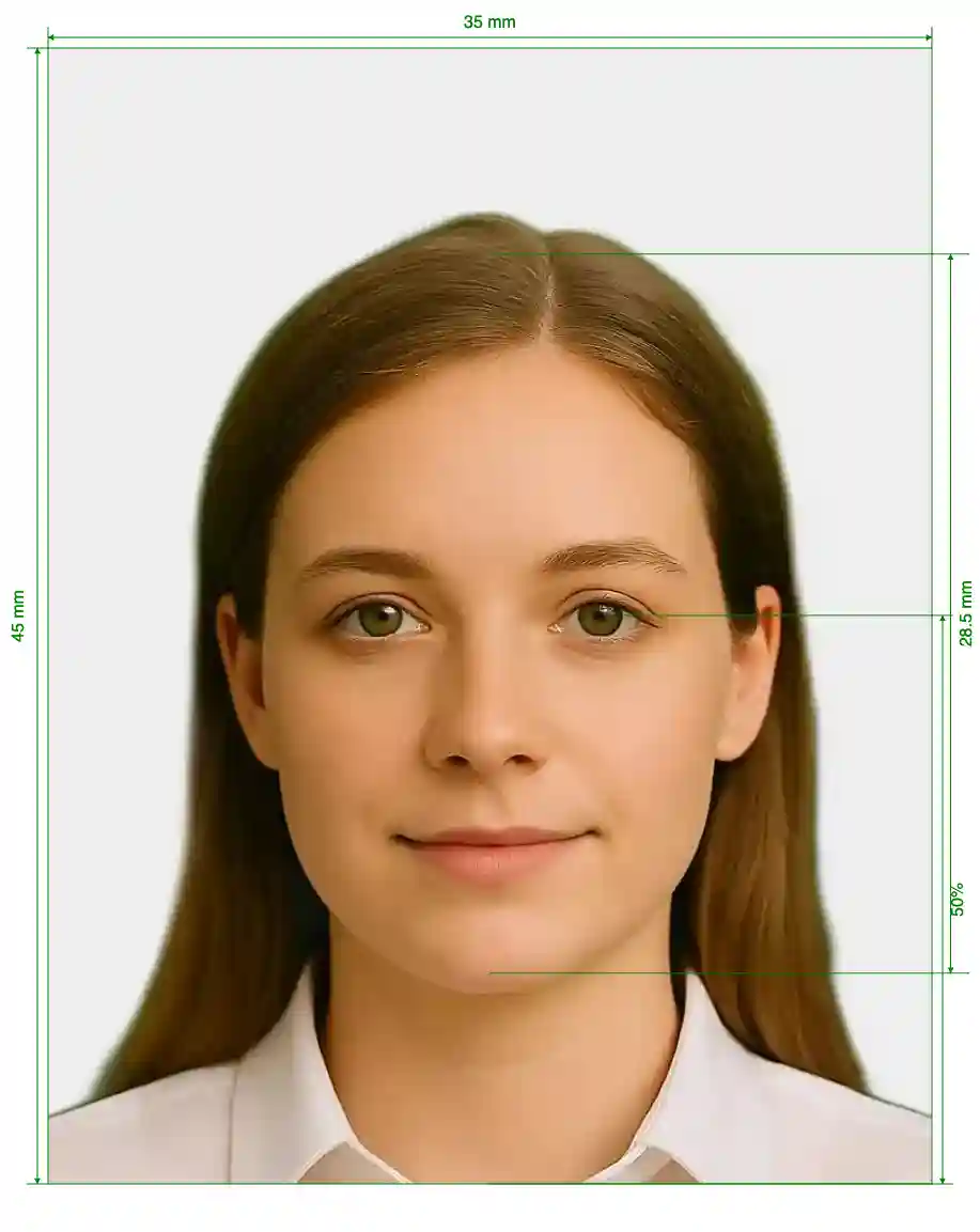 Netherlands Passport 35x45 mm (3.5x4.5 cm) Size Guide with dimensions in inches and mm