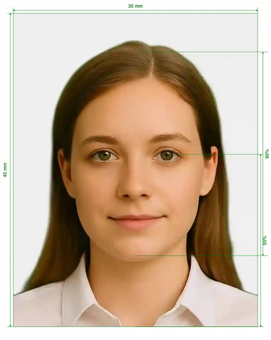 New Zealand Certificate of Identity / Refugee Travel Document 35x45 mm Size Guide with dimensions in inches and mm