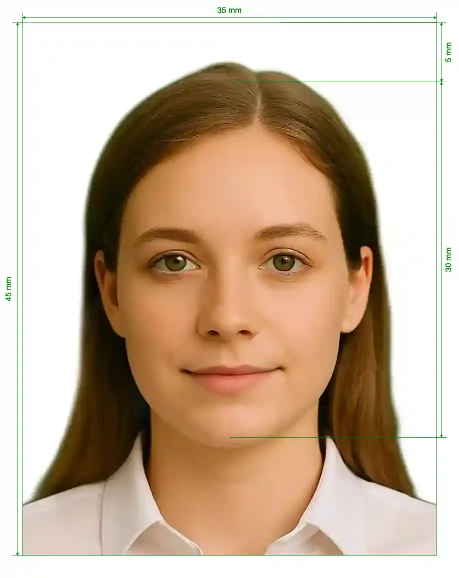 Russia visa via VFSGlobal 35x45 mm Size Guide with dimensions in inches and mm