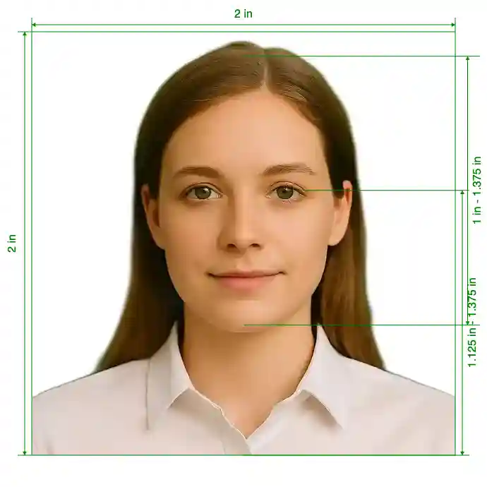 US Passport 2x2 inch (51х51 mm) Size Guide with dimensions in inches and mm